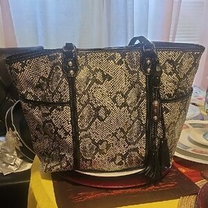 Rafe Black and White Snakeskin Tote with Tassels and Side Pockets
